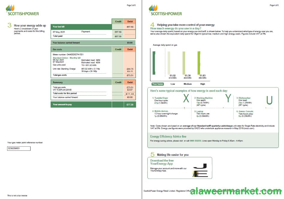 Scotland Scottish Power utility bill template in Word and PDF formats, 6 pages, 3-4 pages